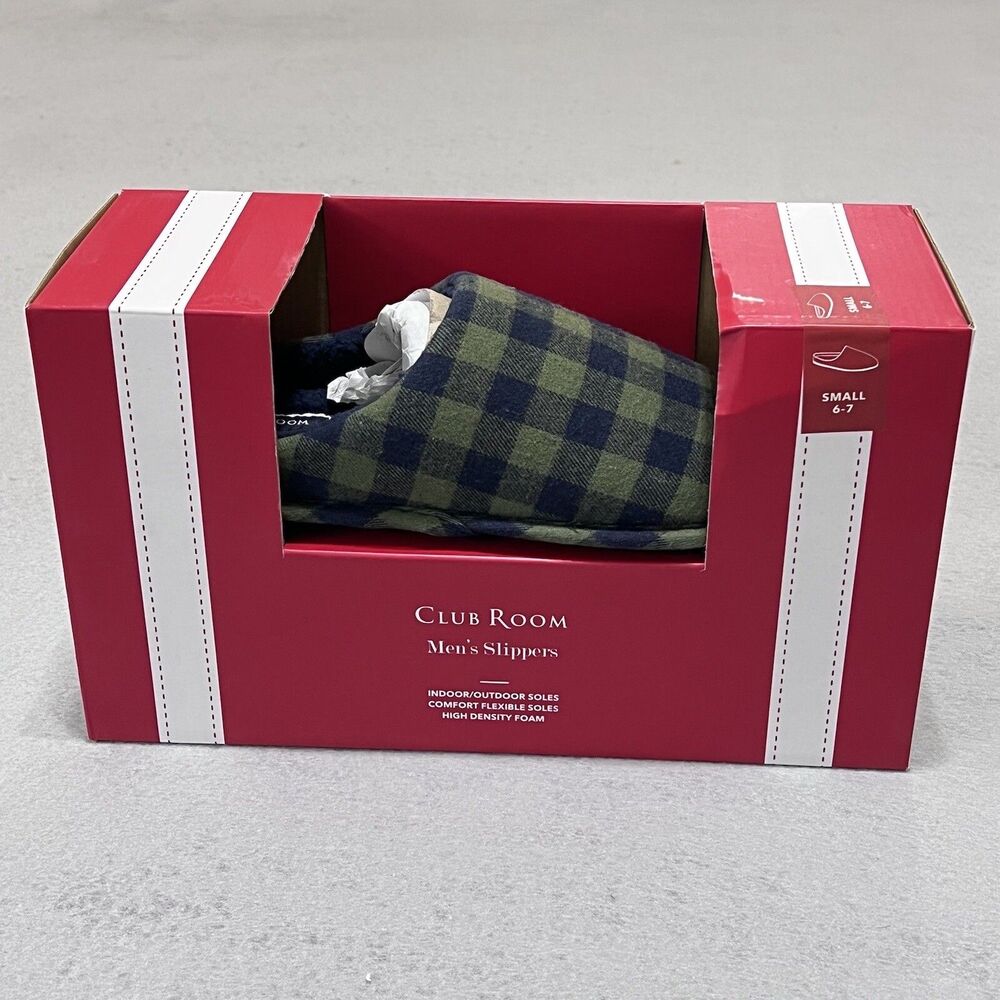 Club Room Slippers Mens Size 6-7 Green Flannel Comfort Indoor/Outdoor Shoes